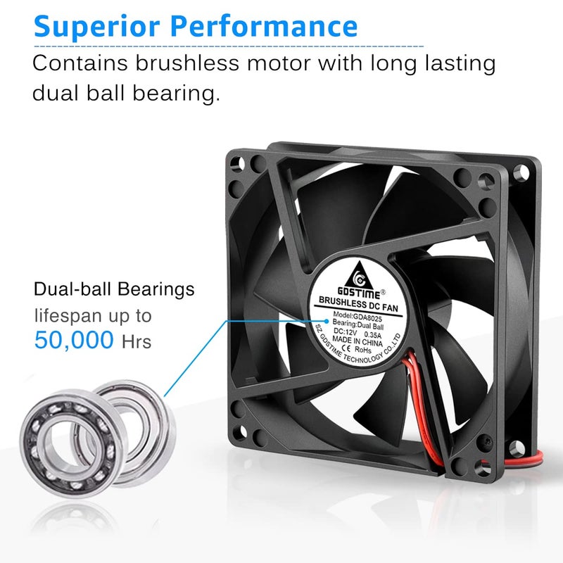 GDSTIME 2 Pack 80mm x 25mm Dual Ball Bearings High Speed 4500RPM 12V DC Brushless Cooling Fan 2Pin - Image 4